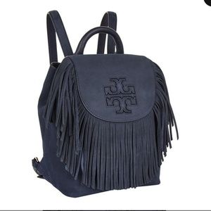 Tory Burch Harper Fringe Backpack Navy Blue Suede